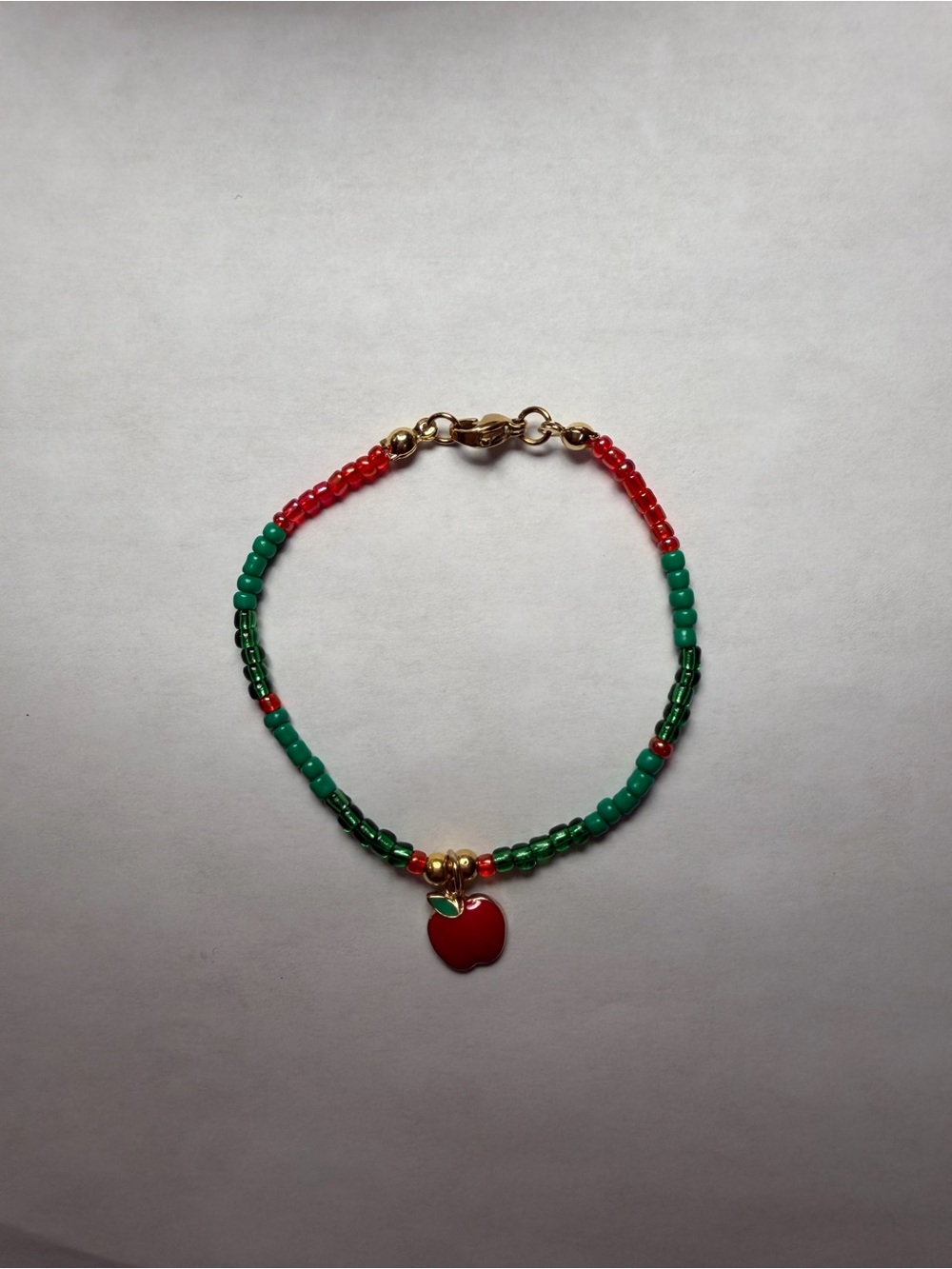 Handmade Red & Green Beaded Bracelet with Apple Charm